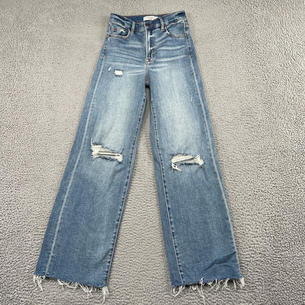 Hidden Jeans Women 25 Blue Wide Leg Distressed Raw Hem High Rise BK9303D-MDR